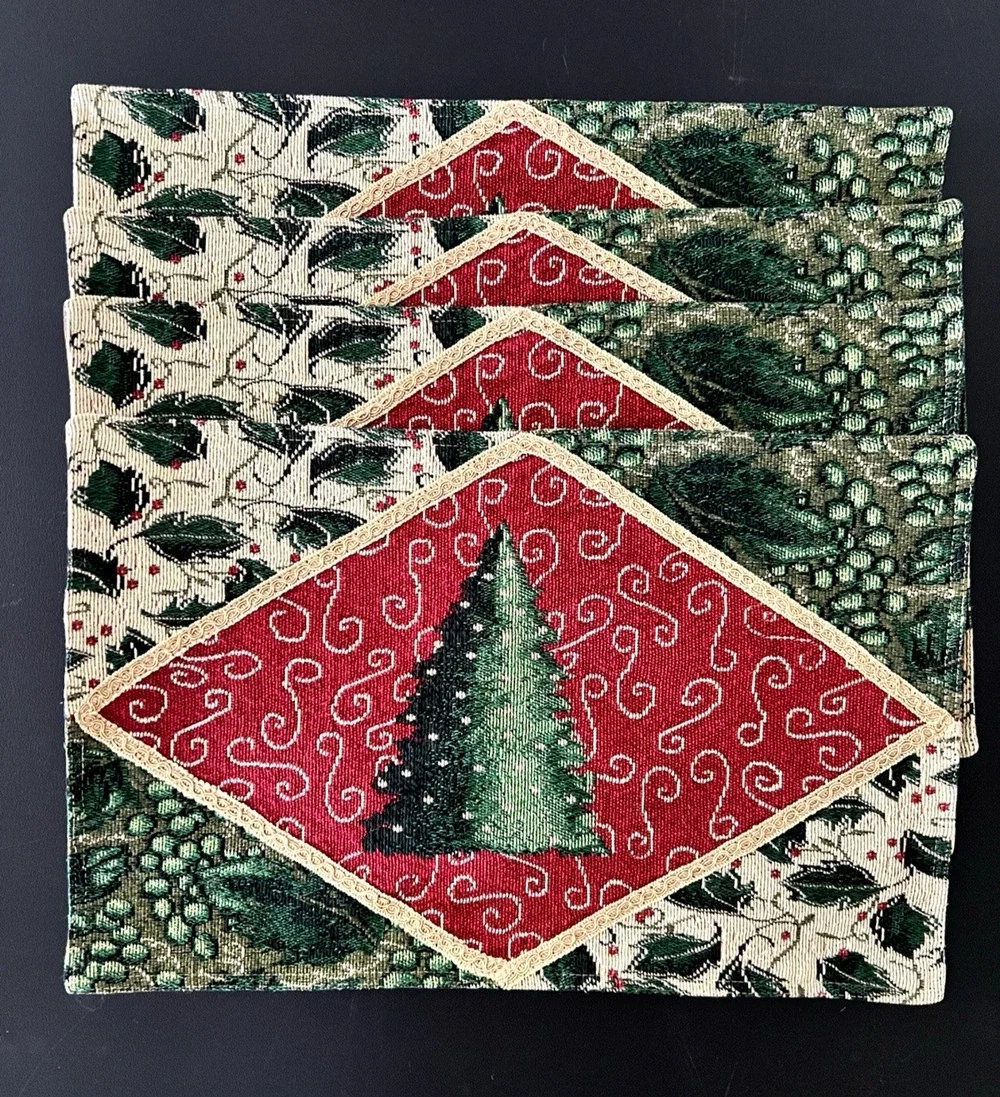 Set of 4 Tapestry Christmas Tree Embroidered Elegant Placemats Gold Backing VTG
